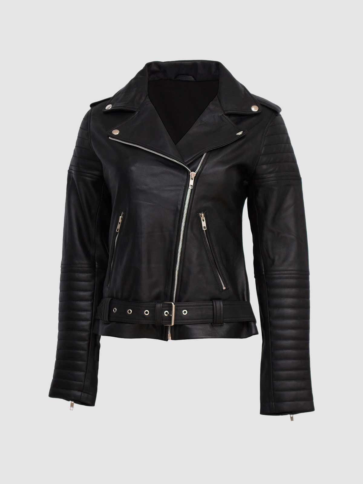 Women's Black Leather Double Rider Biker Jacket with asymmetrical zip, notched lapels, and waist belt.